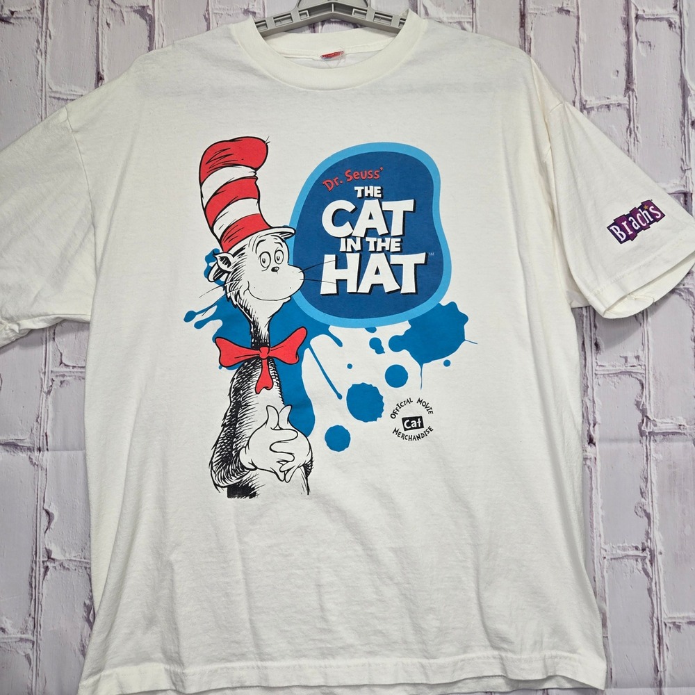 Vintage Dr Seuss Cat In The Hat Movie Promo TShirt White Brachs Mens L Graphic